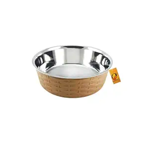 Foodie Puppies Stainless Steel Fusion Design Inside Glossy Outside Woven Design PP & Antiskid TPE Base Bowl for Medium and Large Dogs (1500ml) (Large, Brown)