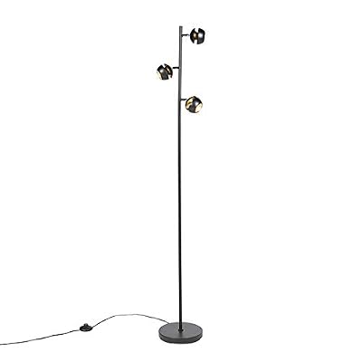 QAZQA Moderne Lampadaire/Lampe de sol/Lampe sur Pied/Luminaire/Lumiere/Éclairage moderne à 3 lumières, noir avec intérieur doré - Buell Deluxe Acier Noir,Doré Globe/Rond/Oblongue/Salon