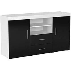muebles bonitos Buffet Moderne modèle Roque Blanc Noir mélaminé Brillant Largeur 140cm Hauteur 80cm Profondeur 40cm
