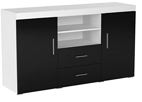 muebles bonitos Buffet Moderne modèle Roque Blanc Noir mélaminé Brillant Largeur 140cm Hauteur 80cm Profondeur 40cm