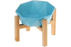 HCHLQLZ Niebieski ze stojakiem Ceramiczna przechylona podwyższona miska dla zwierząt domowych z bambusowym stojakiem dla kotów i psów bez rozlania karmę dla zwierząt domowych podajnik wody