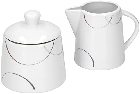 Van Well Salerno 220 ml 2 Piece Set Sugar Bowl with Lid Diameter 95 mm + Milk Jug, Semi-circle Design Branded Porcelain