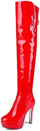 JIEEME Ladies Winter Zip Round Toe Stiletto Platform Boots High Heels Black Red Over-The-Knee Women Boots (UK 6.5(25.5 cm), Red)