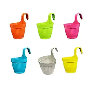 SHOPMEFAST Plastic Vertical Hook Hanging Planter, Flower Pots Modern Decorative Balcony Rail Planter Colourful Gardening Pot (Multicolor,Pack of 6, 26 cm x 22.8 cm x 17 cm)