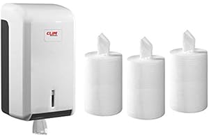 CLIM PROFESIONAL Dispensador de Papel secamanos y 3 Rollos de Papel secamanos minimecha de 2 Capas Liso con precorte y de 100% Pasta Virgen de celulosa. Especial para comercios, oficinas y Empresas