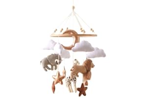 HERFAIR Wald Tiere Mobile Baby Windspiele, Babybett Mobile Baby Hölz mit Filzbällen, Elefant Giraffe Löwe Wolke Mobile Baby Anhänger Neugeborenen Geschenk Für Baby (Wald Tiere)
