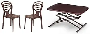 Supreme Set of 2 Oak Plastic Chair and 1 Scissor Height Adjustable Multi-Purpose Plastic Table (Globus Brown)