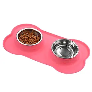 Dog Bowls, Cat Food and Water Bowls Stainless Steel , Double Pet Feeder Bowls with No Spill Non-Skid Silicone Mat, Dog Dish for Medium Dogs Cats Puppies, Set of 2 Bowls (S-6oz, Pink)