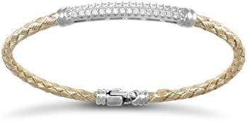 Sterling Silver Gold Thin Woven Bracelet Cubic Zirconia Block