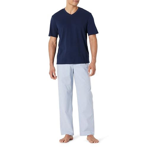 Amazon Essentials Men's Cotton Stretch Poplin Trouser With Cotton Jersey T-shirt Pyjama Set, Navy/Thin Stripe, XL