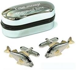 Novelty FISH Cufflinks wih Personalised Chrome case Engraved Free