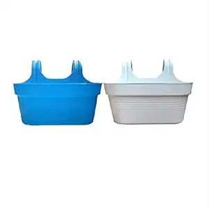 SKYCAP Double Hanging Hook Plastic Flower Pot and Plant Container for Balcony and Terrace Railing (White-Blue of 2),Combo