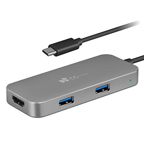 EC Technology Hub USB 3.0 con Porta USB C per Un trasferimento Dati Fino a 5Gbps con Porta HDMI 4K in Alluminio per MacBook, Windows OS, ChromeBook e Altri dispositivi con Cavo Integrato di 15cm