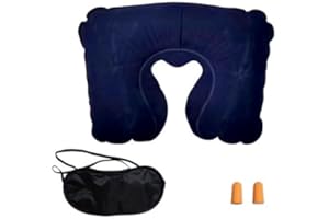 EUROAMZ Almohada Hinchable con Tapones para Oidos y Antifaz, Almohada Cervical y Cuello mas Kit de Viaje. Extra Fino (Azul Marino)