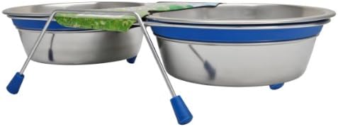 Silent Double Diner - Stainless Steel Frame And Feeding Bowls Are Bacteria Resistant - A Rubber Band Is In Place To Secure The Bowls Whilst Feeding - 0.28 Litre, Blue