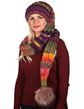 XXL Beanie AA 101 Mütze, Zipfelmütze inklusive Schal, Pudelmütze, Wintermütze mit großer Fellbommel aus Fellimitat...