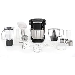 Moulinex QA319810 Robot Pâtissier Wizzo avec Blender Hachoir à Viande Découpe-Légumes Mini-Hachoir 7 Vitesses Pulse Pétrin Fouet Flex Batteur Électrique 1000W Cuisine Inox