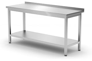 HENDI Arbetsbord, väggarbetsbord, arbetsbord, med hylla, skruvad, justerbara fötter, för självmontering, för restaurang, bar, kök, kant: 40 mm, 1200 x 600 x (H) 850 mm, rostfritt stål