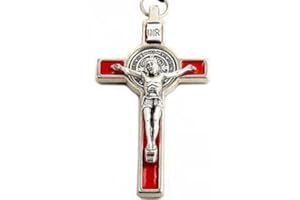 ST JOSEPH'S CATHOLIC GIFTSHOP ON AMAZON Saint Benedict crucifix. 7.5 cms Red St Benedict cross. St Benedict cross Saint Benedict crucifix. Saint Benedict medal inlay the crucifix.