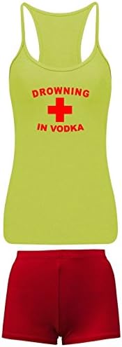 Ladies Life Guard Print Vest Shorts Set Sleeveless Casual Top Womens Girls Dress #(6300#yellow Vest + Red Short Set# Vector Life Guard Print#UK 16r#Womens)