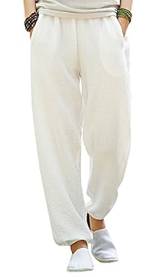Happy Cherry - Pantalon Femme Coton Lin Été Automne Pantalon Loisirs Élastique Taille Cheville Pants avec Poches Casual Yoga Sport Danse Taille Unique Blanc