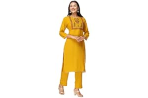 VI VIHAAN IMPEX VIHAAN IMPEX Ensemble Kurta indien brodé jaune moutarde avec pantalon assorti pour femme