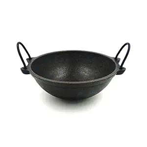 TAZBI Pre-Seasoned Small Cast Iron Kadai 8 Inch (Ready to Use-Hand Seasoned by Village Ladies Using Oil), Black