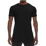 Yvelands Herren T-Shirt Kurzarm Volltonfarbe Lässige Mode Hipster Hip Hop Solide erweiterte Saum Split Bluse(Black,XXL)
