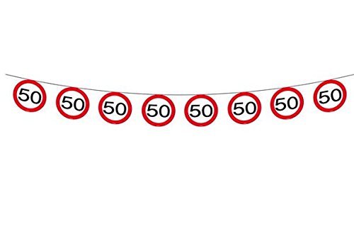 50.Geburtstag Girlande Flagbanner mit Zahl 50 Wimpelkette mit 15 Verkehrsschildern und 12m lang Dekoration zum 50er Geburtstag Party Jubiläum oder andere Anlässe - 2