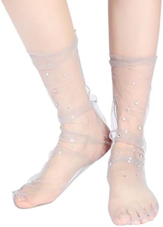 Women Fishnet Socks, LILICAT Lady Girls Fashion Glitter Little Star Soft Mesh Sock Transparent Elastic Sheer Ankle Sock (Gray2, Size:One Size)