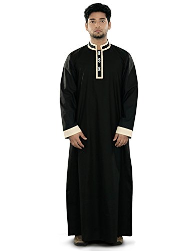 MyBatua Men's Aatif Black Galabiyya Thobe Daffah Thawb Islamic Dishdash Kurta