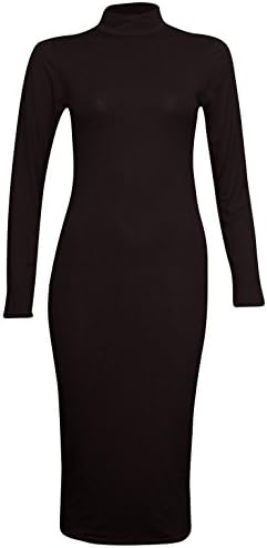 Maximus fashion New Ladies Dress Maxi Womens Bodycon Long Turtle Polo Neck Midi Plain Stretch (Polo Neck Midi Black, S/M)
