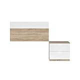Conjunto formado por un cabezal y una mesita con guías cisne metálicas, tirador de perfil metálico pintado en blanco.