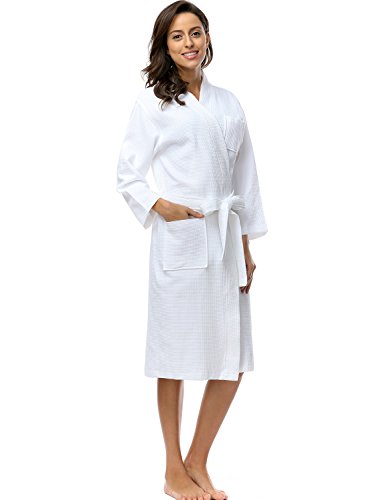 Damen Einfarbiger 100% Baumwolle Waffel Bademantel Kimono für Frauen - 5