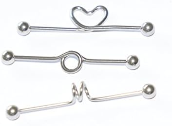 Set of 3 Ear and Body Piercing Industrial Scaffold Bars, Length 38mm, width 1.6mm 14 gauge, 5mm balls Industrial 316L Surgical Steel