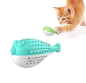 PSK PET MART Playing Feeding Toy with Bell for Kitten Kitty Cats Teeth Cleaning, Puffer Fish Shape pet Toy, Cat Toothbrush Catnip Toy, Cat Interactive Toys 1 Piece (Blue)