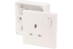 UMIMIRARI Axiom 13A Single One Gang Switched Socket & Premium Single Surface Mount 25mm Pattress Box 1 Gang Set Electrical Switch - Concealing Screw Caps Included