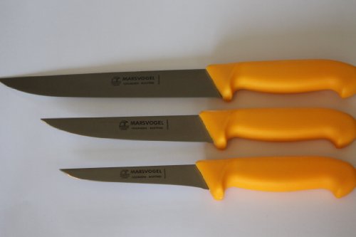 3-tlg. Messer Set bestehend aus 1 Polker/Ausbeinmesser 5"=13 cm, 1 Stechmesser 6"=15 cm, 1 Haushaltsmesser 8"=21 cm Kunststoffgriff gelb, 2,4 mm Rückenstärke Marsvogel Solingen