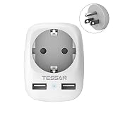 TESSAN Adaptateur Prise Americaine USA Canada France Adaptateur de Voyage avec 2 USB (2.4A), Europe Francaise FR 2 Broches vers US 3 Broches pour Mexique Thailande Dominicaine (Type B), Prise Canada