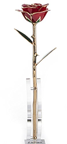 Zjchao 24 Karat vergoldet Echte Rose immer geöffnet als Geschenk für Hochzeitstag, Valentinstag, Weihnachten, Geburtstag, 29cm Länge, Verpackt in Geschenkbox mit klaren Display-Ständer (Rot) - 2