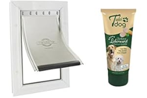 CAJOU Dog Door Safe and Quiet Dog Flap 70 x 40 cm (Inner Dimensions 64 x 36 cm) White with Aluminium Frame and 2-Way Lock for Large Dogs up to 100 kg Passage Shoulder Width Max. 35 cm Brand Safety Door