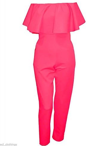 Womens Off Shoulder Neon Frill Pleated Bardot Jumpsuit (14, Neon Pink)