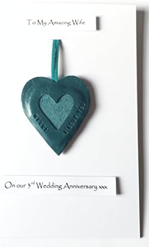 3rd Wedding Anniversary Personalised Leather Heart Leather Gift Card Husband Wife - A5 size Card 148mm x 210mm 5.8" x 8.3" - Teal