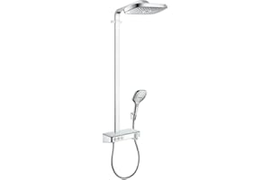 hansgrohe Raindance Select E - Colonne de douche avec mitigeur thermostatique, douche pluie 300 mm avec robinet, douchette (3 jets), support, flexible, barre et douche de tête carrée, Blanc mat