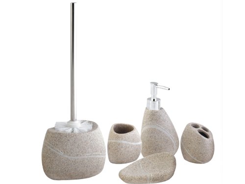 schönes Edles beiges, sandfarbenes 5-tlg. Badset ROCK, bestehend aus Seifenspender, Seifenschale, Zahnputzbecher, Zahnbürstenhalter und WC-Bürste