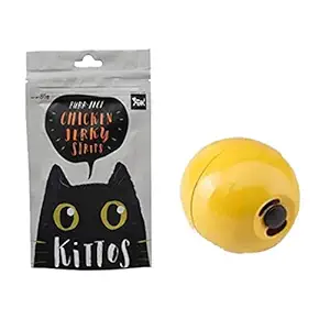 Kittos| Cat Treats | Flavour Chicken Jerky Strips, 35 gm| Pack of 3 with Food Feeder Ball Toy for Cat, Easy to Fill, Simply Lift The Black Plug on The Top of The Ball to Fill The Toy with Treats