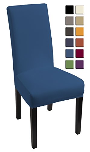 SCHEFFLER-HOME Lacoste Stuhlhussen 2 Stück, Stretch-Stuhlbezug elastische moderne Husse, Dekoration Stuhl-Abdeckung aus Elastik-Stoff mit Gummiband für universelle Passform, bi-elastic Spannbezug, mit Lotus Effekt, Fleckschutz - Blau