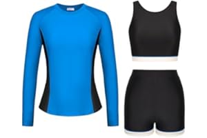 JASAMBAC 3-Piece Rash Guard Swimsuits for Women UPF 50+ Long Sleeve Swimming Costumes Pull On Rash Shirt with Rash Vest & Swim Short Ladies Modest Swimwear Surf Suit Bathing Suit