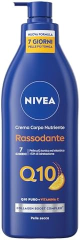 NIVEA Q10 Crema Corpo Nutriente Rassodante 400 ml, Crema rassodante corpo con Coenzima Q10 Puro e Vitamina C, Crema corpo idratante pelle secca 72h per una pelle più tonica ed elastica