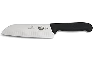 Victorinox Fibrox, Coltello Santoku con Lama Alveolata, Coltello da Cucina giapponese per Carne, Pesce e Verdura, 17 cm, Affilato, Acciaio Inossidabile, Nero